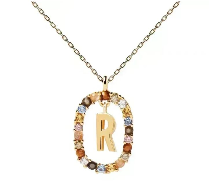 COLLAR IRIS LETRA PERSONALIZADA. Collar de plata de ley 925 bañado en oro de 18k con circonitas multicolor