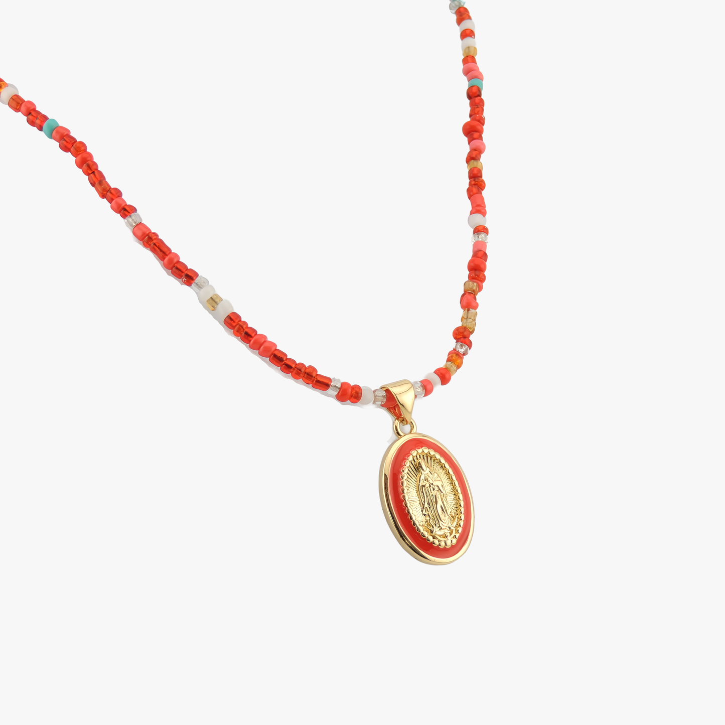 COLLAR MEDALLA VIRGEN FATIMA. Collar de cuentas de colores con medalla de la Virgen