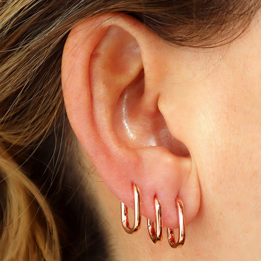 Pendientes Carmela, aros ovalados finos de plata de ley 925 bañada en oro rosa, imagen 2