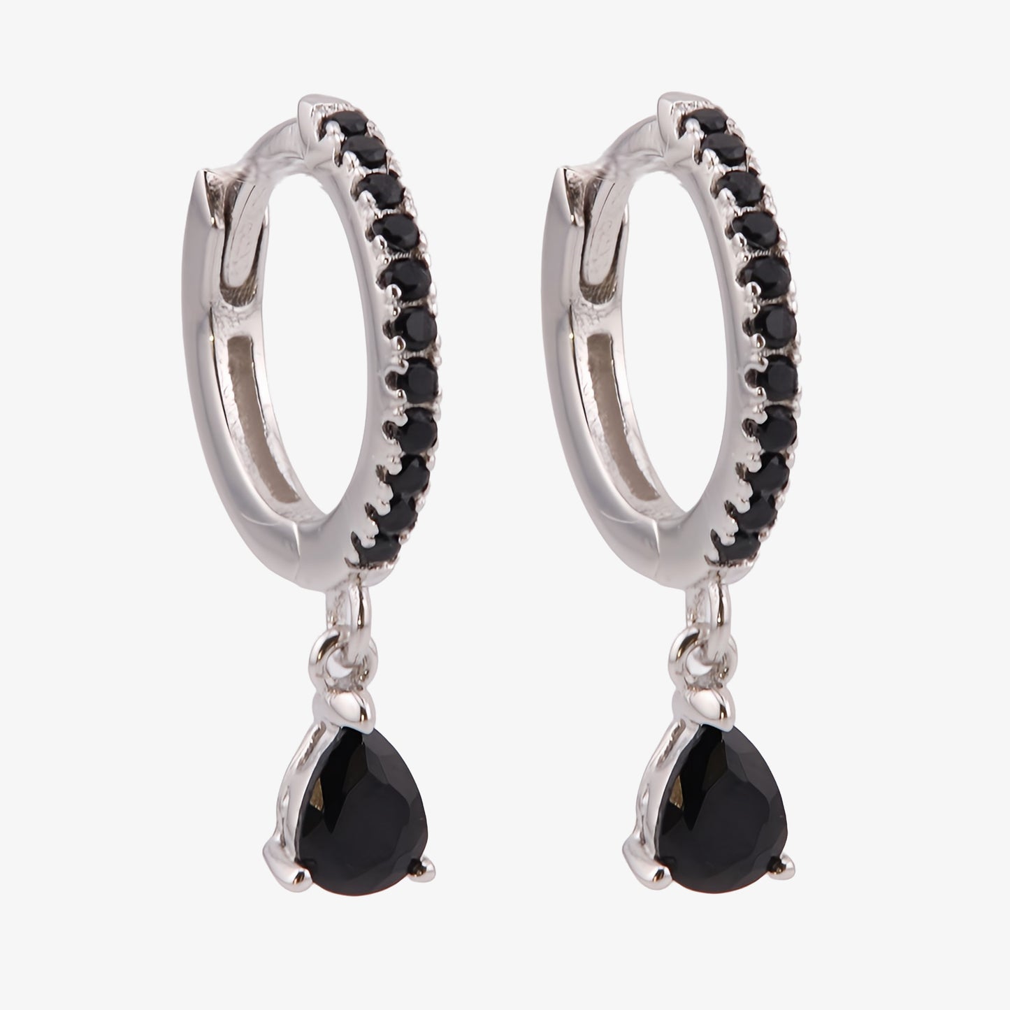 PENDIENTES LEA. Aros de Plata de Ley 925 en color oro blanco con colgante en forma de gota y circonitas negras