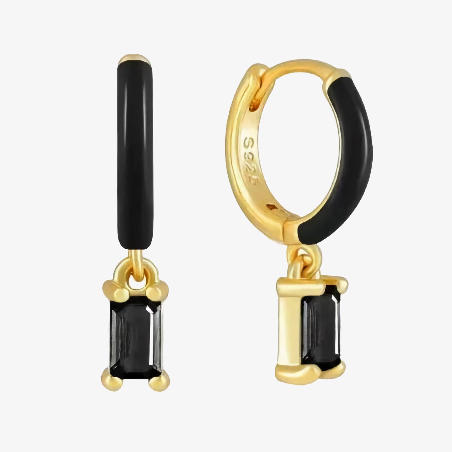 PENDIENTES LETICIA. Aros en Plata de Ley 925 bañada en oro decorados con esmalte negro