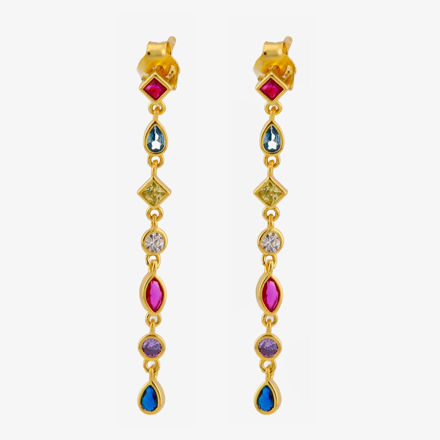 PENDIENTES ONA. Pendientes de cadena con formas de gota en Plata de Ley 925 bañados en oro de 18K/platino con circonitas multicolor.
