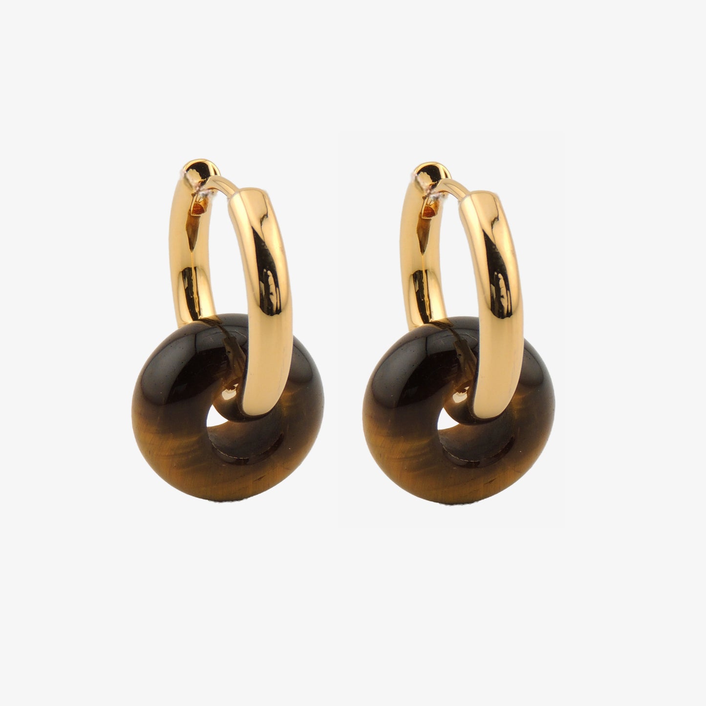 PENDIENTES PIA. Aros de cobre bañados en oro de 18k y colgante de piedra natural marrón