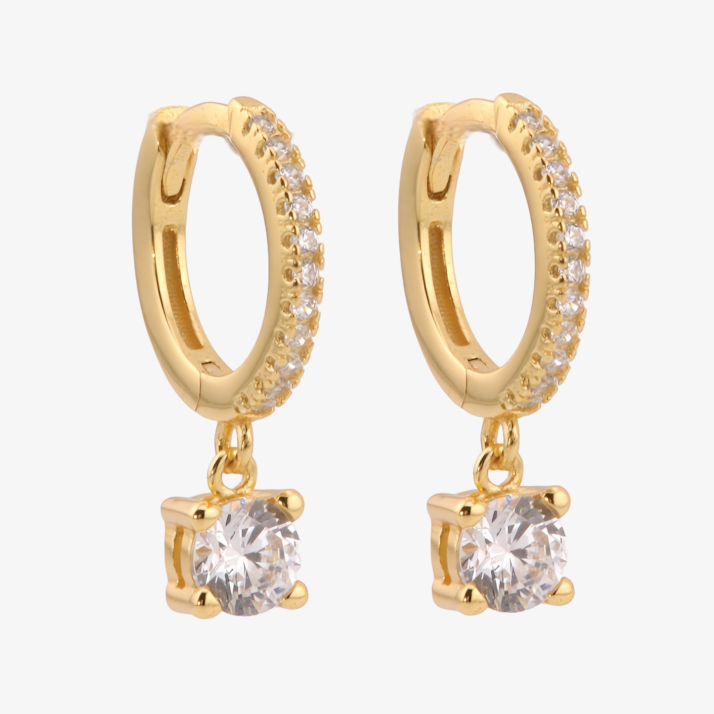 PENDIENTES PIEDAD. Pendientes aros de Plata de Ley 925 bañados en oro con circonitas y colgante de circonita blanca
