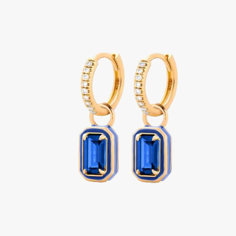 PENDIENTES ARIEL. Aros en plata de ley 925 bañada en oro y circonitas blancas con piedra en color azul