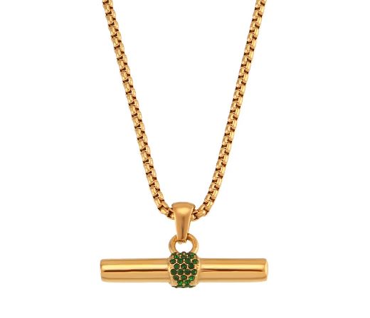 COLLAR BEATRIZ. Collar de acero inoxidable bañado en oro de 18k con colgante de cristal verde