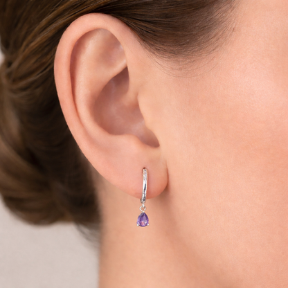 PENDIENTES EVA. Aros de Plata de Ley 925 con colgante en forma de gota y circonitas violetas