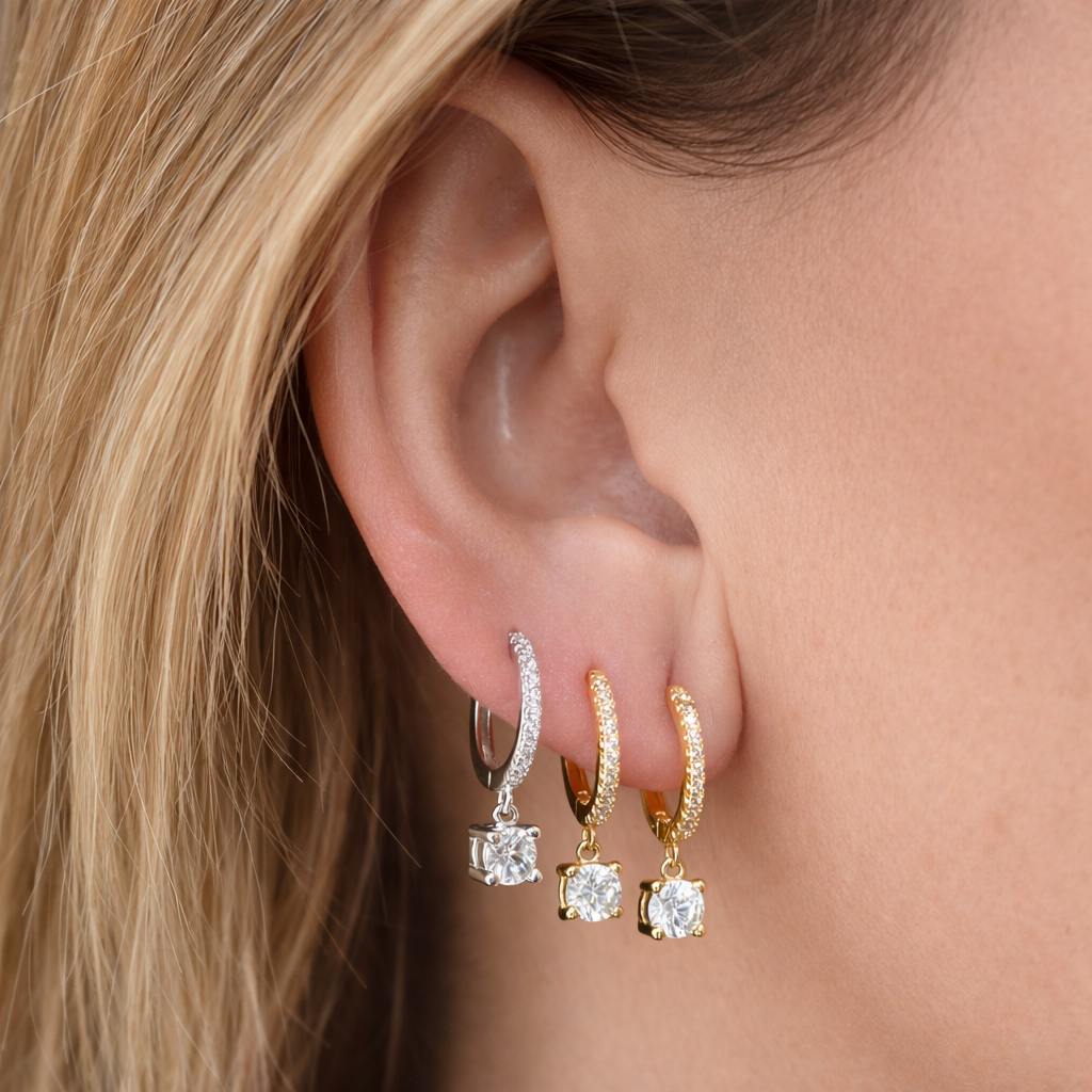 PENDIENTES MONICA. Pendientes de Plata de Ley 925 con circonitas y colgante de circonita blanca