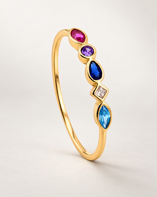 Anillo fino de plata de ley 925 bañada en oro de 18K con cinco piedras de colores
