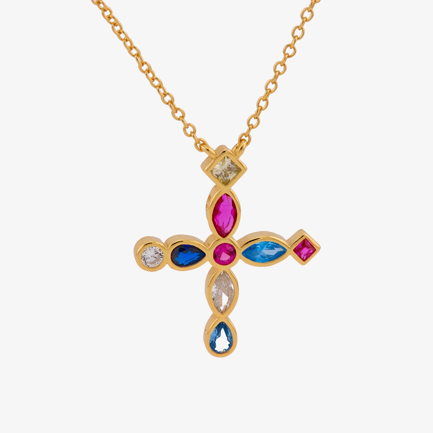 COLLAR MOIRA. Collar de plata de ley 925 bañado en oro de 18K con colgante de cruz de circonitas multicolor.