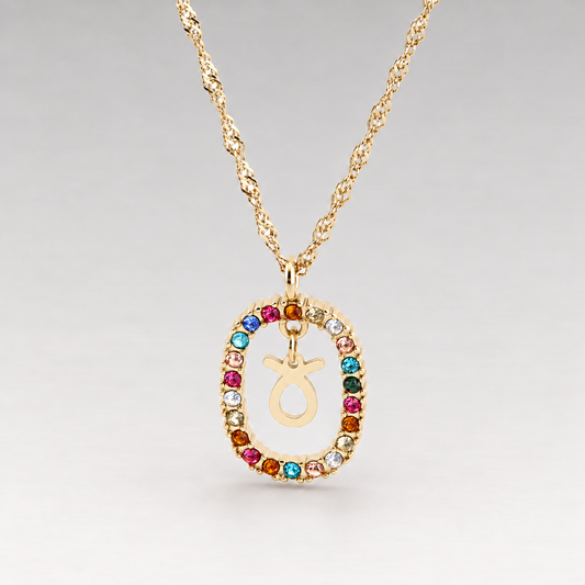 Collar de plata de ley 925 bañada en oro de 18K con colgante ovalado de circonitas de colores y Tauro
