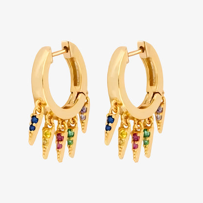 PENDIENTES AINHOA. Aros en Plata de Ley 925 bañados en oro con estalactitas de piedras de colores y cierre de tuerca