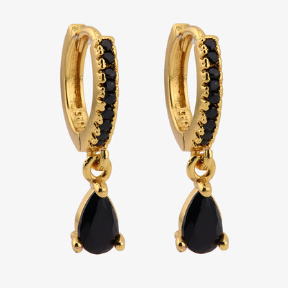 PENDIENTES AITANA. Aros en Plata de Ley 925 bañada en oro con circonitas en color negro y decoración en forma de gota