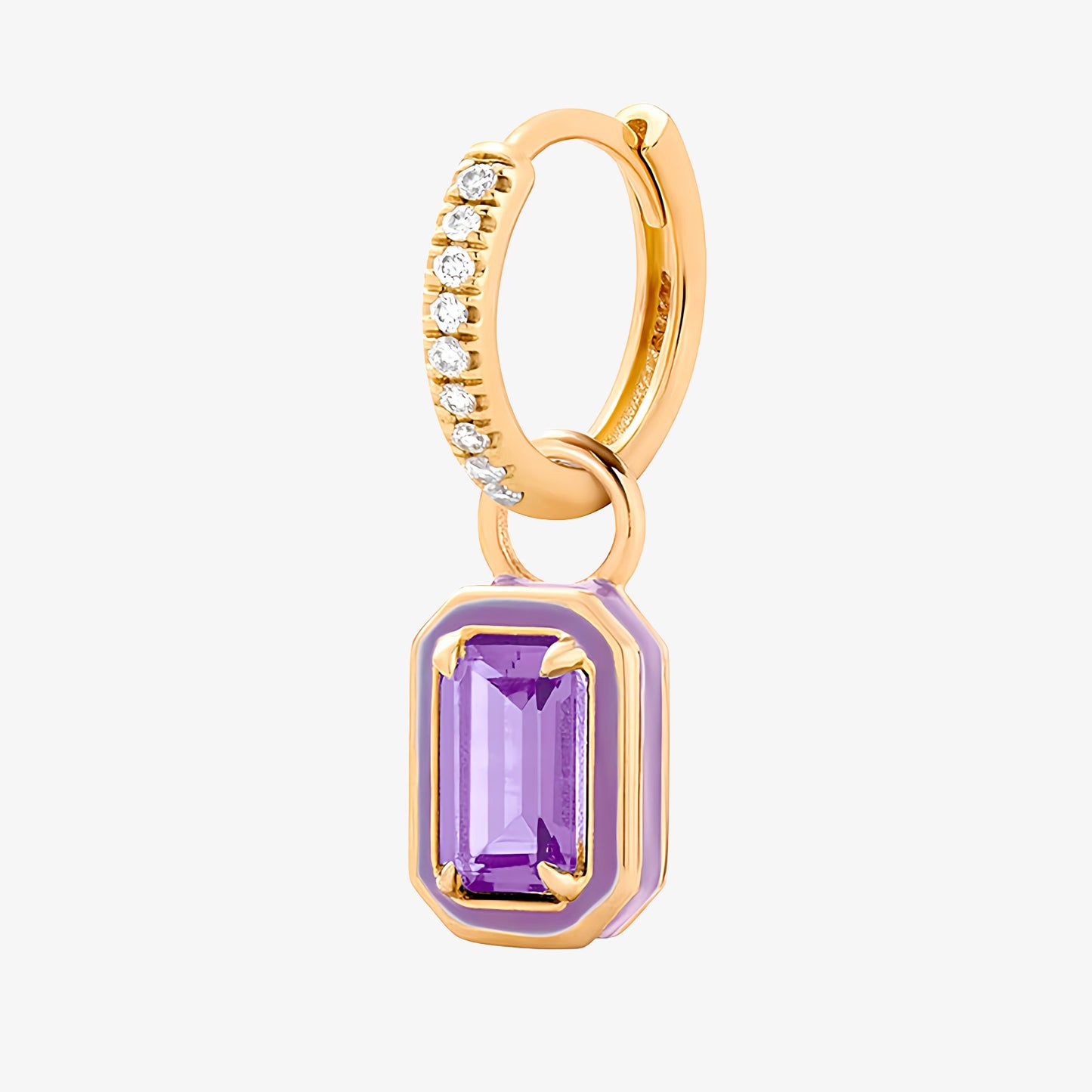 PENDIENTES CELINA. Aros en plata de ley 925 bañada en oro y circonitas blancas con piedra en color violeta
