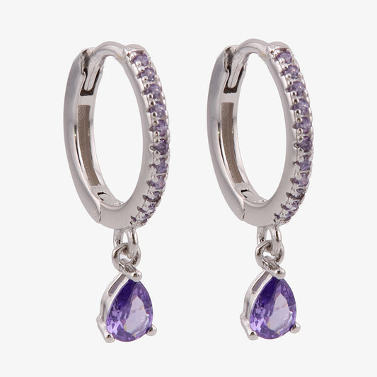 PENDIENTES EVA. Aros de Plata de Ley 925 con colgante en forma de gota y circonitas violetas