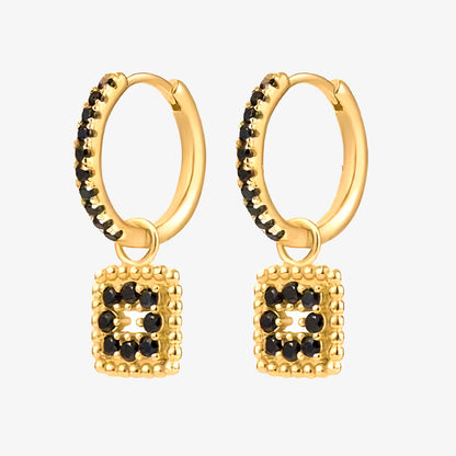 PENDIENTES FERNANDA. Aros en Plata de Ley 925 bañada en oro con circonitas en color negro