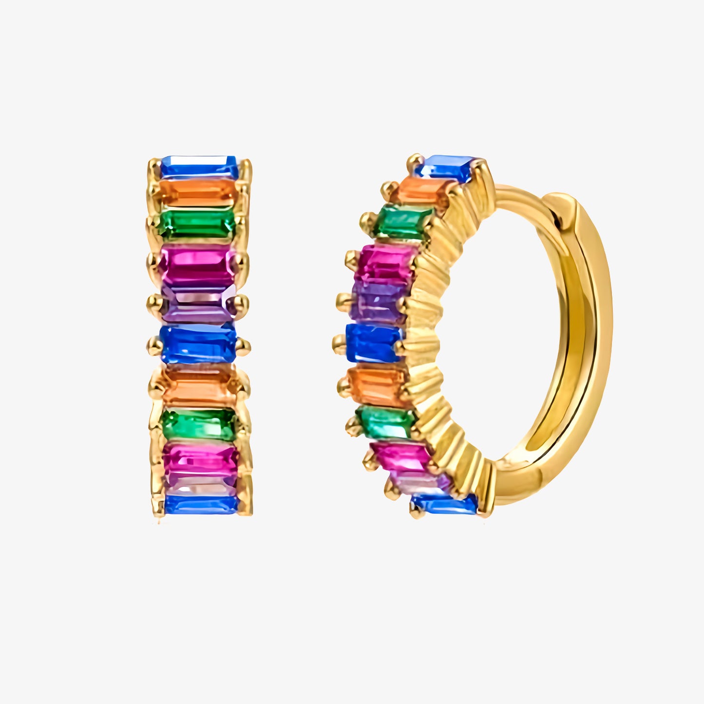 PENDIENTES GRETA. Aros pequeños en Plata de Ley 925 bañada en oro con barritas de circonitas multicolores