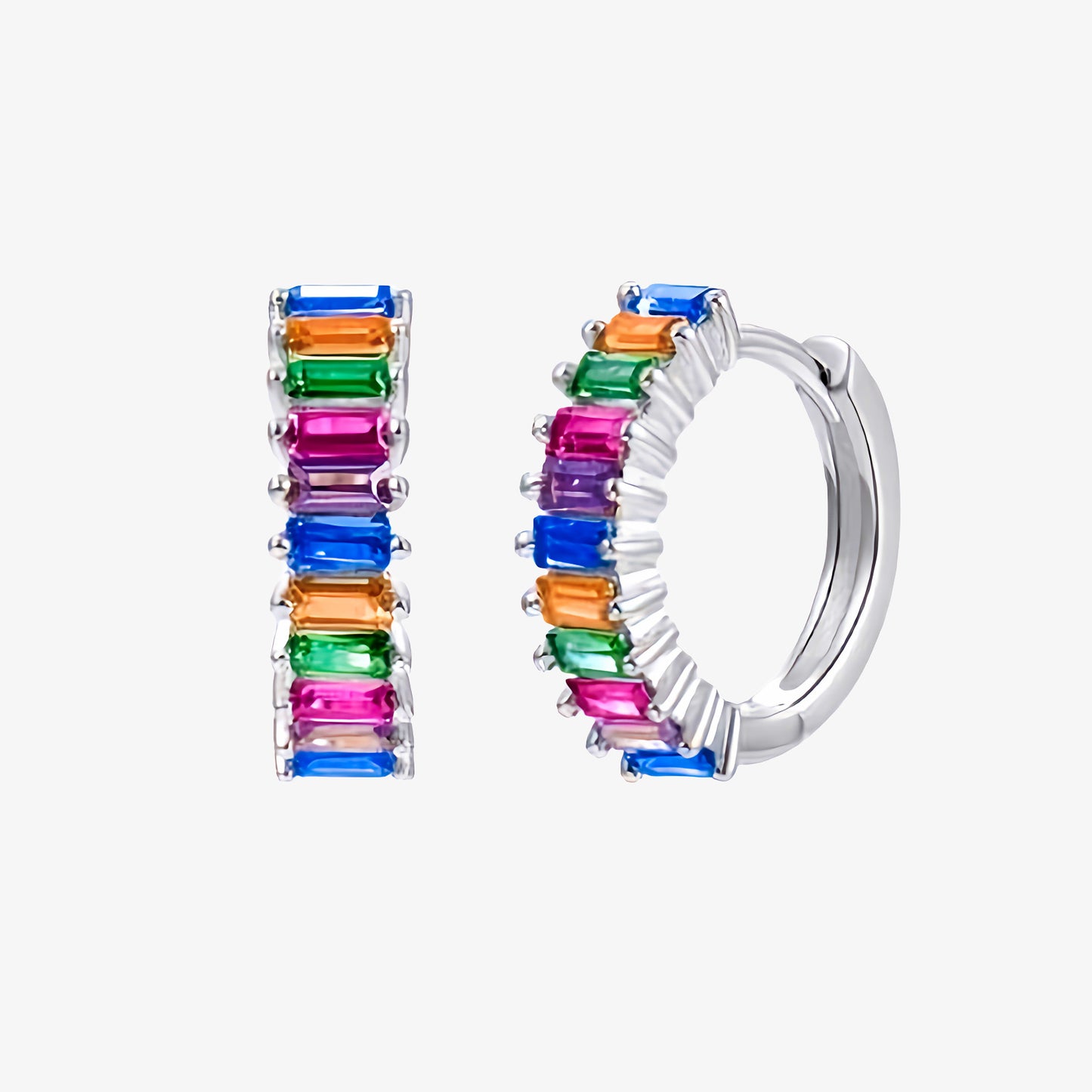 PENDIENTES INES. Aros pequeños en Plata de Ley 925 con barritas de circonitas multicolores