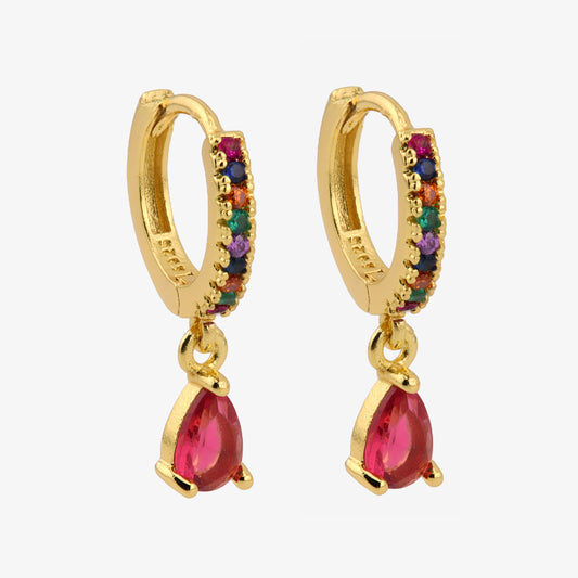 PENDIENTES MARINA. Aros en Plata de Ley 925 con circonitas multicolor con colgante en forma de gota de color fucsia