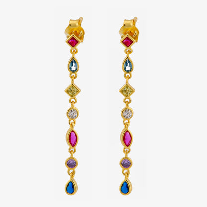 PENDIENTES ONA. Pendientes de cadena con formas de gota en Plata de Ley 925 bañados en oro de 18K/platino con circonitas multicolor.