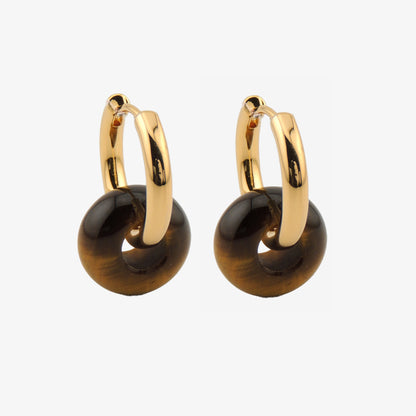 PENDIENTES PIA. Aros de cobre bañados en oro de 18k y colgante de piedra natural marrón