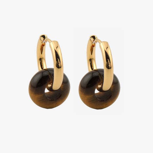 PENDIENTES PIA. Aros de cobre bañados en oro de 18k y colgante de piedra natural marrón