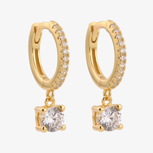 PENDIENTES PIEDAD. Pendientes aros de Plata de Ley 925 bañados en oro con circonitas y colgante de circonita blanca