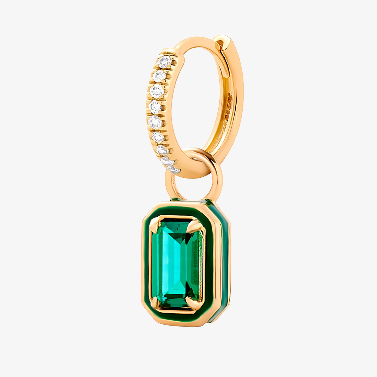 PENDIENTES ROMINA. Aros en plata de ley 925 bañada en oro y circonitas blancas con piedra en color verde