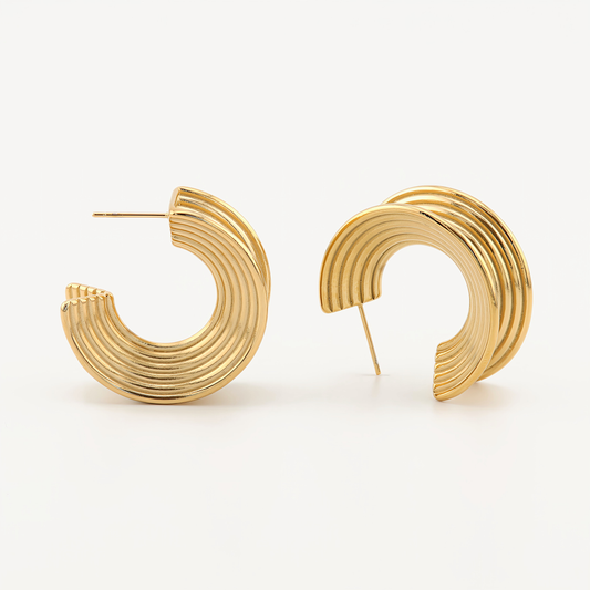 Pendientes Aura, aros de acero inoxidable bañados en oro de 18K en forma de abanico, imagen 8