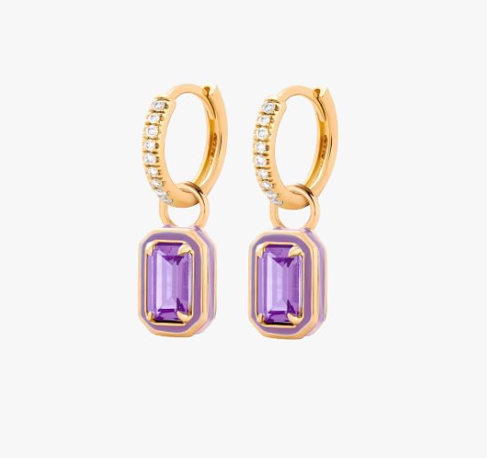 PENDIENTES CELINA. Aros en plata de ley 925 bañada en oro y circonitas blancas con piedra en color violeta