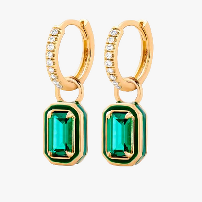 PENDIENTES ROMINA. Aros en plata de ley 925 bañada en oro y circonitas blancas con piedra en color verde