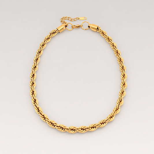 Collar de cadena de cordón trenzado de acero inoxidable bañado en oro de 18K con cierre ajustable