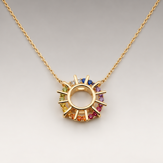 Collar de plata de ley 925 bañada en oro de 18K con colgante de sol calado de circonitas de colores