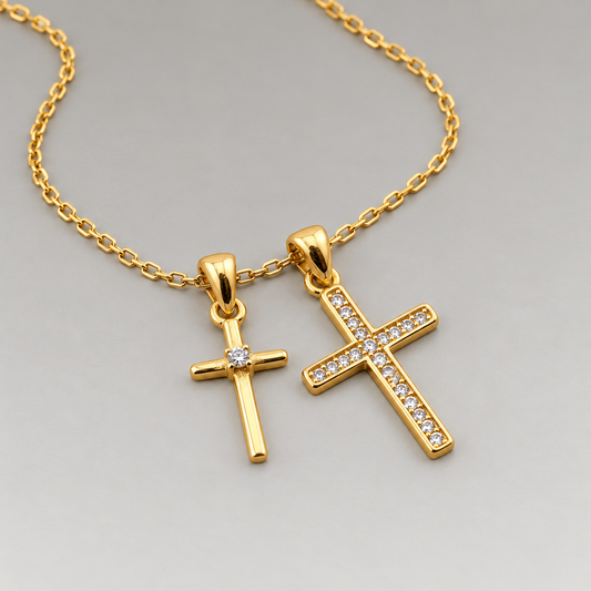 Collar de plata de ley 925 bañada en oro con dos colgantes de cruz, una lisa y otra de circonitas