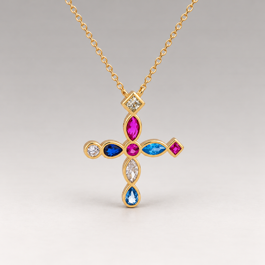 Collar de plata de ley 925 bañada en oro de 18K con colgante de cruz de circonitas de colores