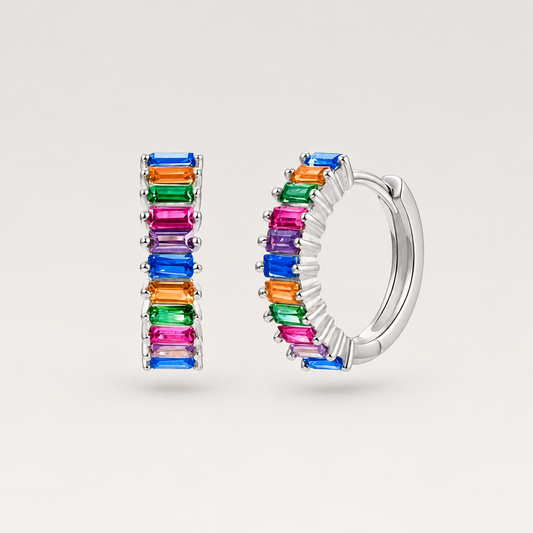 Pendientes de aro pequeños de plata de ley 925 con barritas de circonitas multicolor