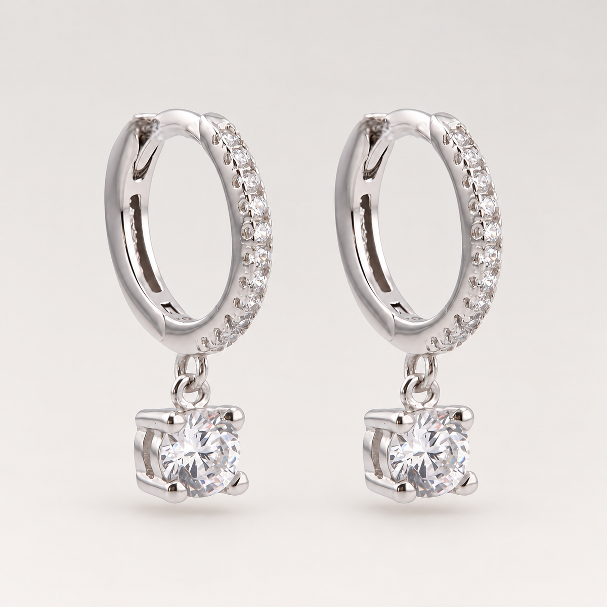 Pendientes de aro pequeños de plata de ley 925 con circonitas y colgante de circonita blanca
