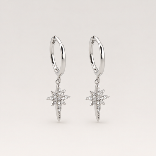 Pendientes de aro pequeños de plata de ley 925 con colgante de estrella de ocho puntas de circonitas