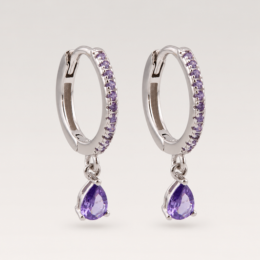 Pendientes de aro pequeños de plata de ley 925 con circonitas violetas y colgante de gota