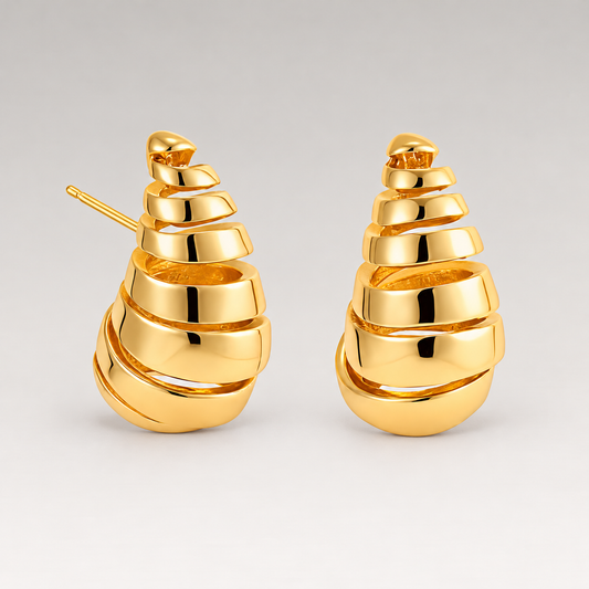 Pendientes de gota en espiral escalonada de cobre bañado en oro de 18K con cierre de tuerca