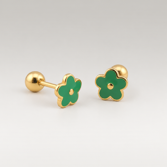 Pendientes de botón pequeños de plata de ley 925 bañada en oro de 18K con flor de esmalte verde