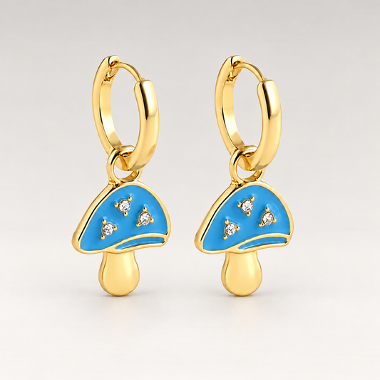 Pendientes de aro pequeños de cobre bañado en oro de 18K con colgante de seta esmaltada en azul turquesa
