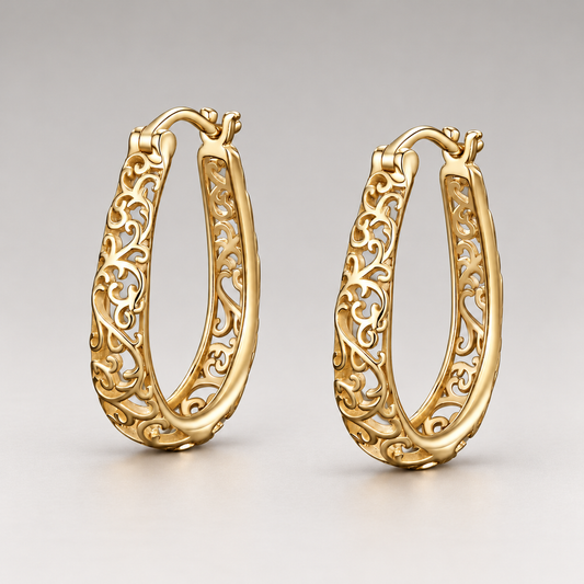 Pendientes de aro ovalados de filigrana calada de plata de ley 925 bañada en oro de 18K, de 2,2 x 1,5 cm