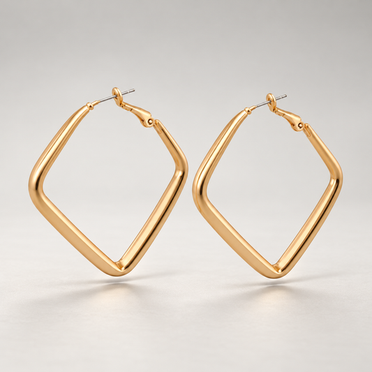 Pendientes de aro grandes en forma de rombo de cobre bañado en oro, de 4,4 cm de lado