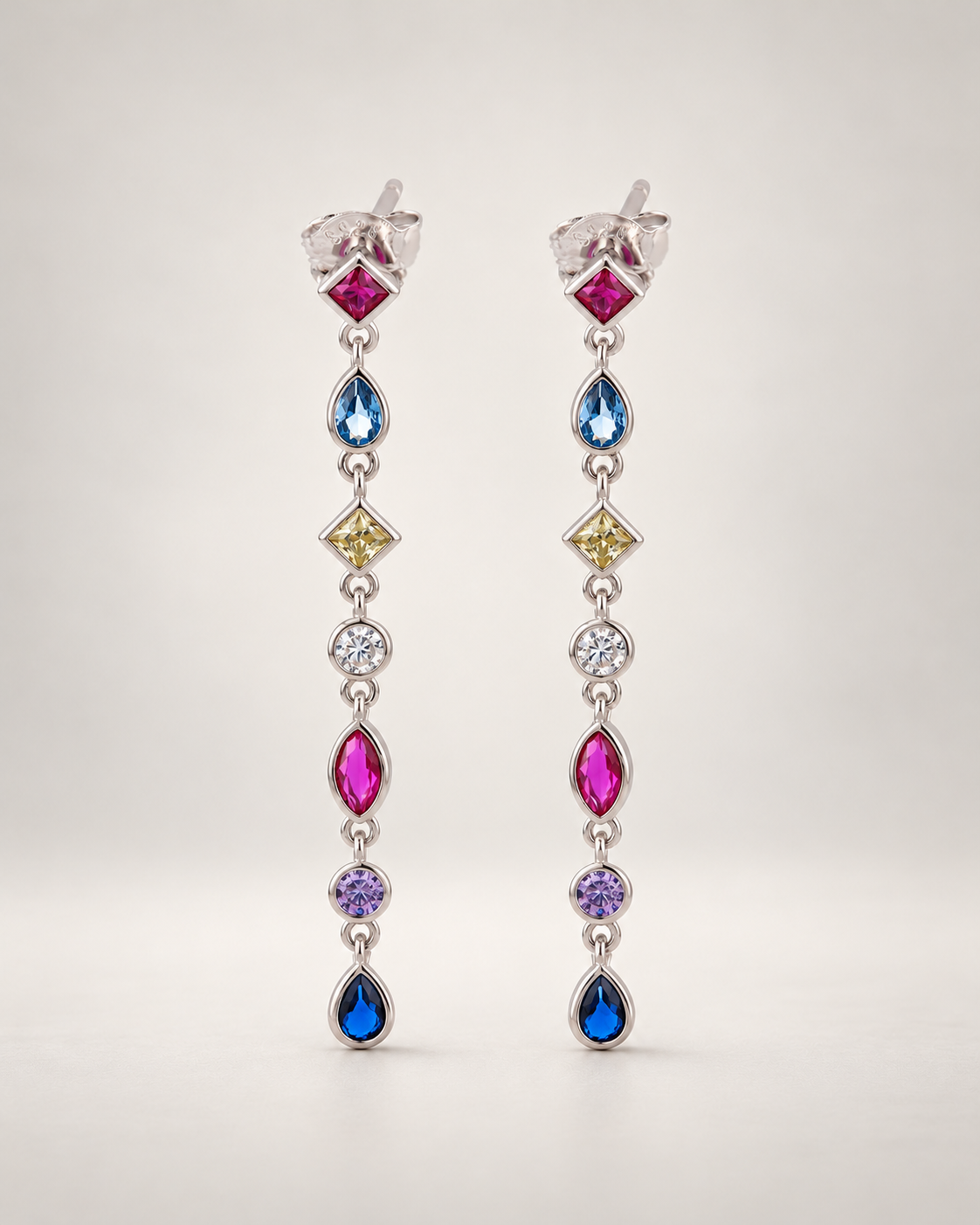 Pendientes Elia, largos, de Plata de Ley 925 con acabado platino y circonitas de colores