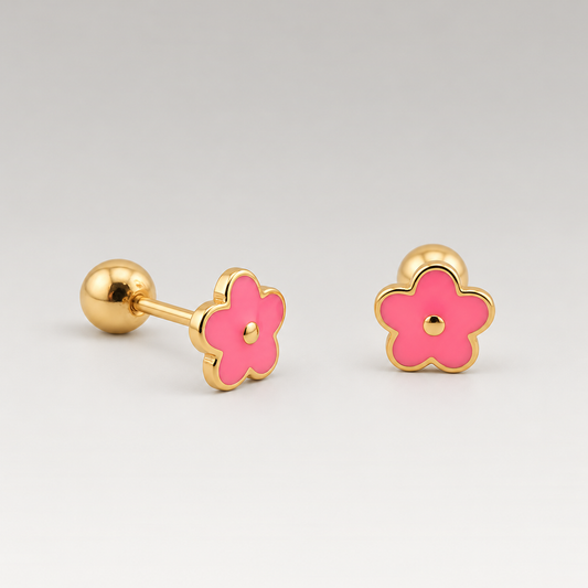 Pendientes de botón pequeños de plata de ley 925 bañada en oro de 18K con flor de esmalte rosa