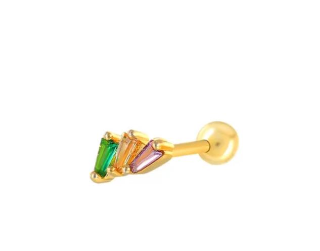 PENDIENTE TAMARA. Pendiente suelto tipo piercing de Plata de Ley 925 bañado en oro con circonitas multicolor