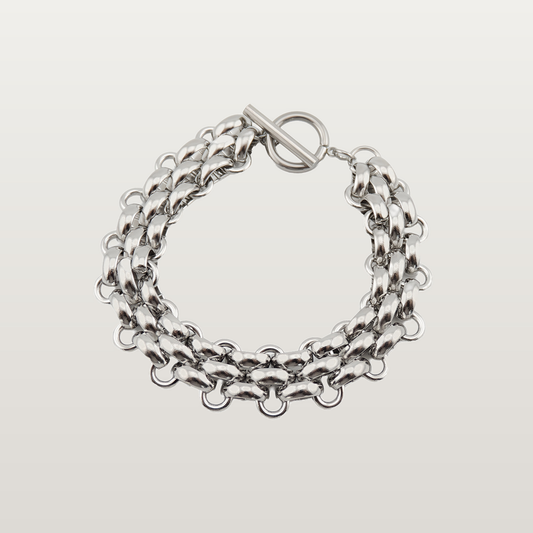Pulsera doble de cadena entrelazada en acero inoxidable color plata, de 18 cm